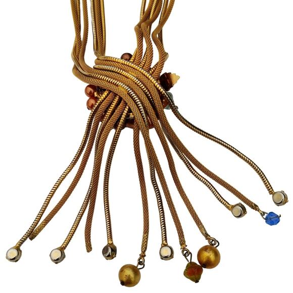 Vintage Aurora Borealis Beads Multi Strand Gold Tone Tie Necklace - Picture 5 of 5